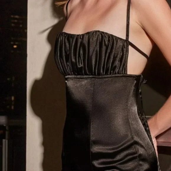 NEW BLACK PROM PARTY OPEN BACK LEG SLIT SATIN FITTED LONG MAXI GOWN DRESS CD108